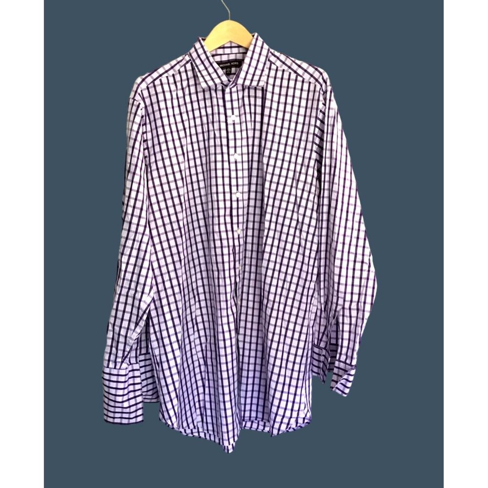 MICHAEL KORS- MENS PURPLE PLAID BUTTON FRONT 100% COTTON SHIRT SIZE NECK 17 TALL